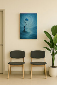 An unframed xieyi-style canvas painting with a blue flower displayed on the wall of a clinic waiting room.