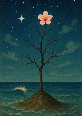 "A lone tree standing on a small island in the sea under a starry sky, with a single flower at its top"