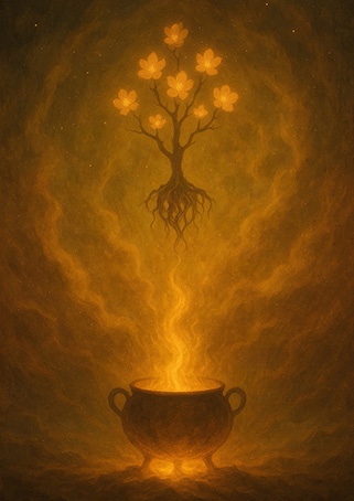 "A rootless flowering tree emerging from golden flames rising out of a vessel, Xieyi painting"