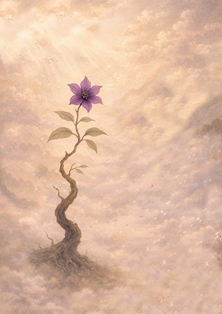 "根なき樹に咲く紫の花を描いた写意画作品"