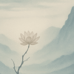 写意画・無根樹100首-第25首の拡大イメージ。山々に囲まれた風景の中に一輪の無根樹の花が咲く写意画。自然と精神の調和を象徴する幻想的なアート。拡大