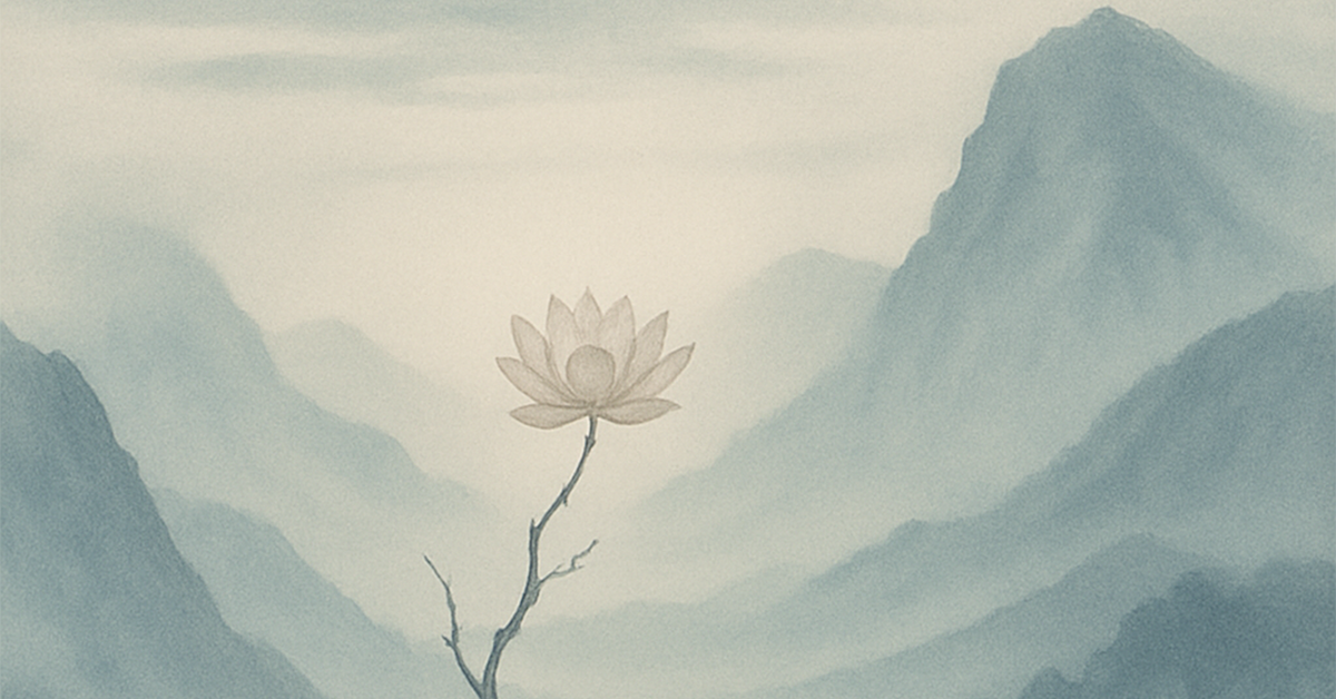 写意画・無根樹100首-第25首の拡大イメージ。山々に囲まれた風景の中に一輪の無根樹の花が咲く写意画。自然と精神の調和を象徴する幻想的なアート。拡大