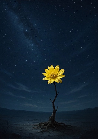 "A lone yellow flower blooming on a rootless tree in a dark nocturnal landscape, Xieyi painting"