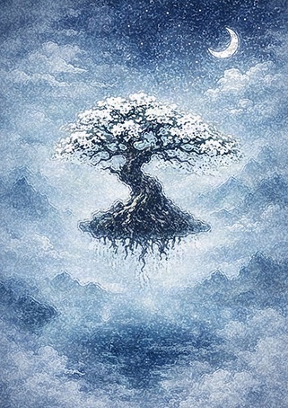 "月光に照らされる無根樹を描いた写意画作品"