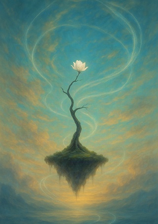 "A floating island with a rootless tree and white flower surrounded by swirling air, Xieyi painting"