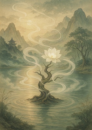 "A white flower on a rootless tree standing in water with mist-like flowing Qi, Xieyi painting"