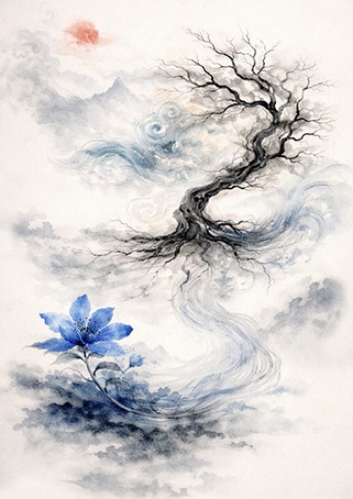 "Xieyi painting of a rootless tree drifting in the flow of Qi"