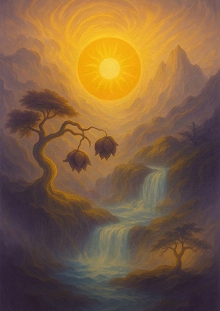 "A radiant sun over mountains with waterfalls and trees expressing cyclical flow, Xieyi painting"