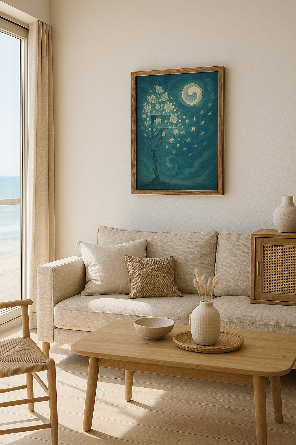 The Rootless Tree painting by Mukyokukan displayed in a serene coastal living room. Natural tones and sunlight create a harmonious, tranquil atmosphere filled with a sense of Qi flow.