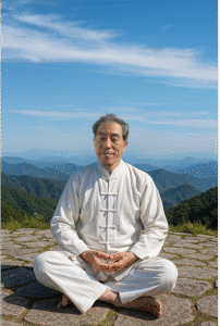 山頂で白い太極服を着て座る作者の近影。自然と調和し、無根樹の写意画の精神性と道（タオ）の思想を体現する姿を写しています。