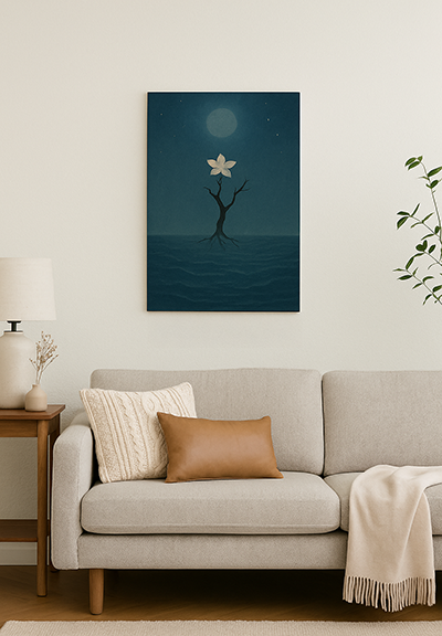 Unframed A2 canvas xieyi painting displayed above a sofa, depicting a white flower blooming over the night sea under the moonlight.