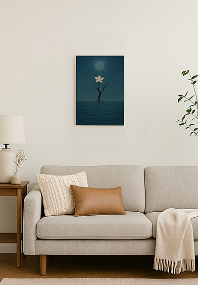 Unframed A3 canvas xieyi painting displayed above a sofa, depicting a white flower blooming over the night sea under the moonlight.