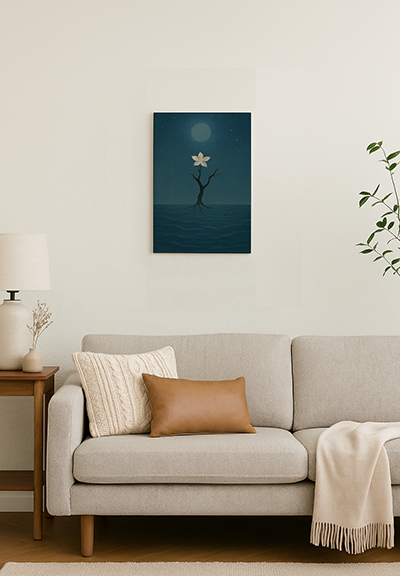 Unframed A3 canvas xieyi painting displayed above a sofa, depicting a white flower blooming over the night sea under the moonlight.