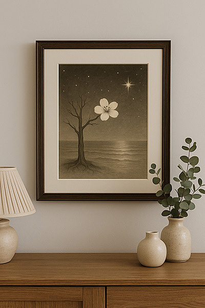 An interior with a wooden cabinet, ceramic vases, and a lamp, featuring an ink-style painting of a tree blossoming under a starlit sky