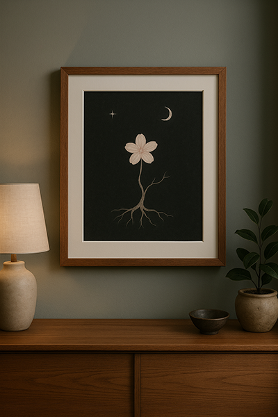 A serene interior with a wooden cabinet, a lamp, and a potted plant, decorated with an ink-style painting of a flower blooming under the moon and a star
