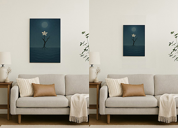 Xieyi-style paintings displayed above a sofa in a living room. The left shows a large A2 canvas, and the right a smaller A3 canvas, highlighting the difference in scale.