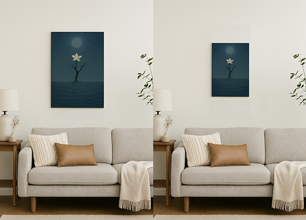 Xieyi-style paintings displayed above a sofa in a living room. The left shows a large A2 canvas, and the right a smaller A3 canvas, highlighting the difference in scale.