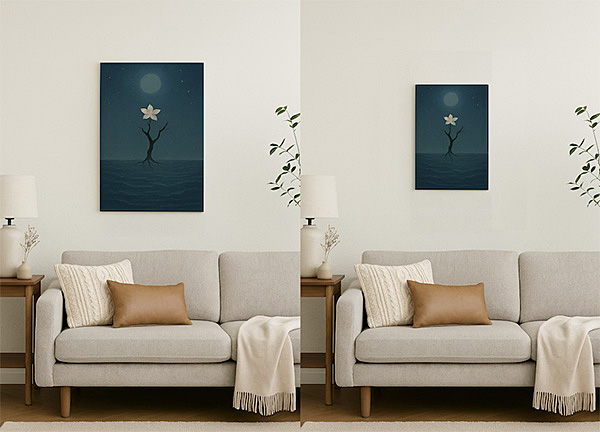 Xieyi-style paintings displayed above a sofa in a living room. The left shows a large A2 canvas, and the right a smaller A3 canvas, highlighting the difference in scale.