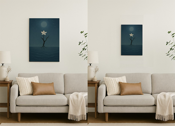 Xieyi-style paintings displayed above a sofa in a living room. The left shows a large A2 canvas, and the right a smaller A3 canvas, highlighting the difference in scale.
