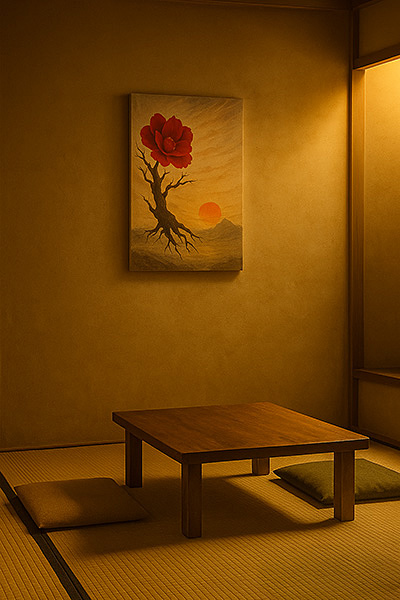 Unframed canvas painting in a traditional tatami room. A tree with a vivid red flower under the setting sun, illuminated by warm ambient light.