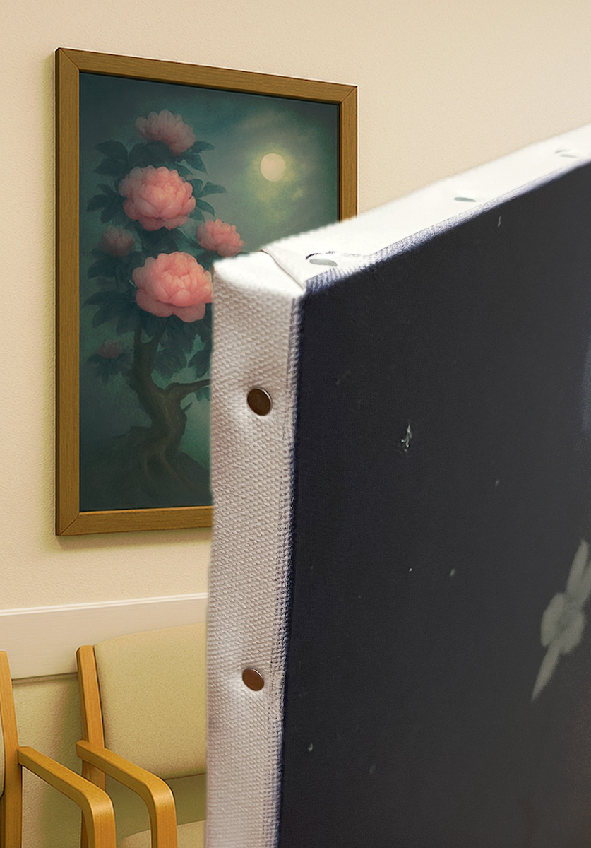 The work is created on a standard stretched canvas with nailed sides.Because it is lightweight, it can be hung directly on a wall with just a hook or a pin.It also fits into standard frame sizes for canvas artworks, should you wish to frame it.