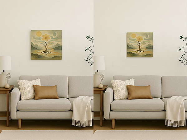 A Japanese-style symbolic painting displayed in a modern living room, comparing S6 and S4 canvas sizes without frames above a sofa, showing the difference in scale.