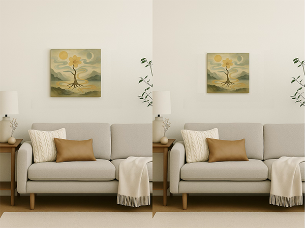 A Japanese-style symbolic painting displayed in a modern living room, comparing S6 and S4 canvas sizes without frames above a sofa, showing the difference in scale.