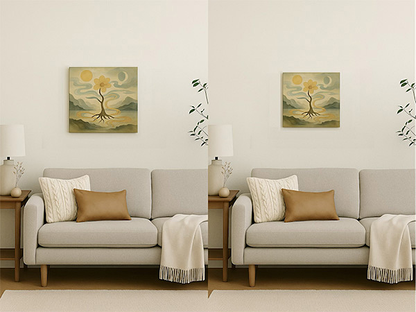 A Japanese-style symbolic painting displayed in a modern living room, comparing S6 and S4 canvas sizes without frames above a sofa, showing the difference in scale.