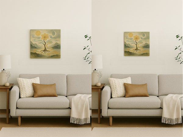 A Japanese-style symbolic painting displayed in a modern living room, comparing S6 and S4 canvas sizes without frames above a sofa, showing the difference in scale.