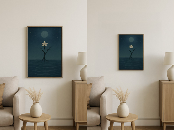 A living room interior displaying the same ink-style artwork of a tree and flower under the moon, framed in both A2 and A3 sizes, showing the difference in visual impact