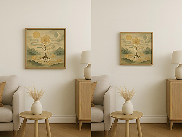 Framed xieyi paintings in S6 size (left) and S4 size (right) displayed on a living room wall. The natural furniture enhances the contrast in impression created by different artwork sizes.