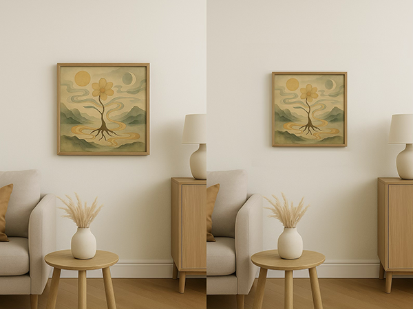 Framed xieyi paintings in S6 size (left) and S4 size (right) displayed on a living room wall. The natural furniture enhances the contrast in impression created by different artwork sizes.