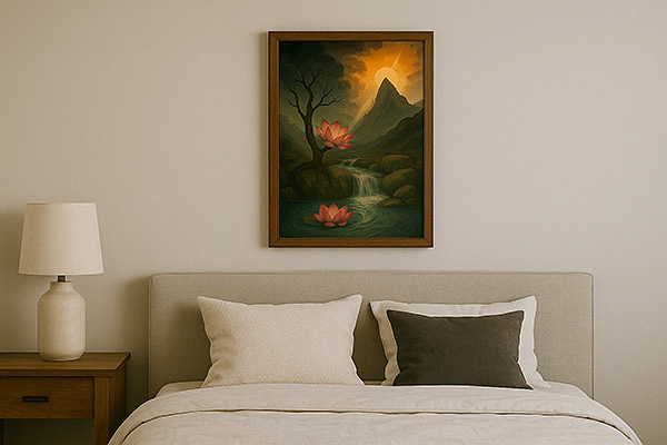 Interior of a bedroom with a framed xieyi painting above the bed, depicting mountains, a waterfall, and blooming flowers in a mystical light.