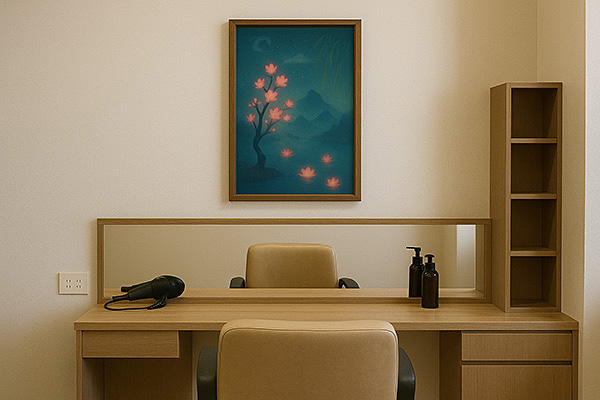 A fantastical xieyi painting of red blossoms on tree branches displayed on the wall above a salon dresser