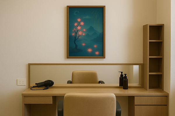 A fantastical xieyi painting of red blossoms on tree branches displayed on the wall above a salon dresser