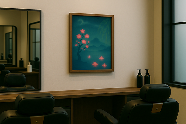 A fantastical xieyi painting of red blossoms on tree branches displayed on the wall above a salon dresser