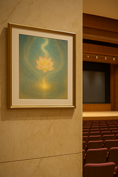 A framed shiyi-style artwork of a golden lotus displayed on the wall of a concert hall. Bathed in warm light, it creates a serene and enchanting atmosphere with the stage and seats in the background.