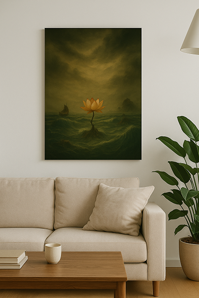 A living room with a beige sofa, decorated with a mystical ink-style painting of a lotus blooming amidst stormy waves