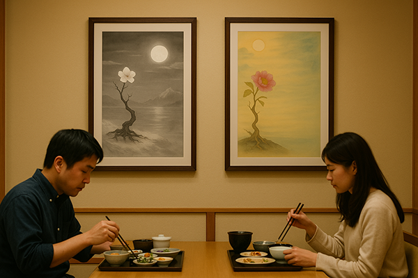 Two xieyi-style paintings displayed on the wall of a Japanese restaurant, with a man and woman dining beneath them. One depicts a monochrome flower under the full moon, the other a vibrant flower in the morning sun.