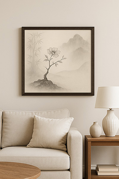 An ink-style xieyi painting displayed above a sofa, depicting a single tree with soft mountains in the background, creating a serene and refined atmosphere.