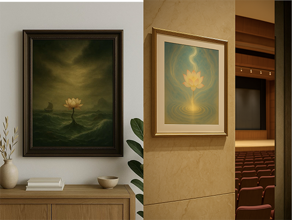 Xieyi painting of a lotus blooming in stormy waves displayed in a living room, and a glowing lotus painting in a golden frame at the hall entrance