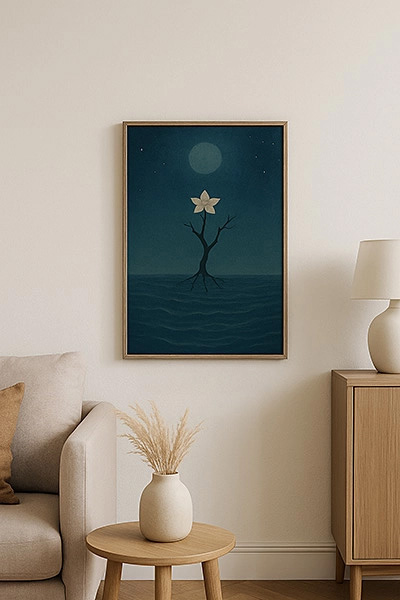 Living room wall decorated with an A2-sized framed Xieyi painting, harmonizing with the sofa and indoor plants for a serene atmosphere.