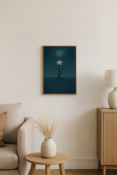 Living room wall decorated with an A-sized framed Xieyi painting, harmonizing with the sofa and indoor plants for a serene atmosphere.3