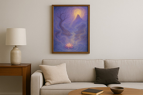 A mystical xieyi painting with purple and golden hues hanging on the wall of a reception room with a sofa and table