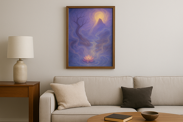 A mystical xieyi painting with purple and golden hues hanging on the wall of a reception room with a sofa and table