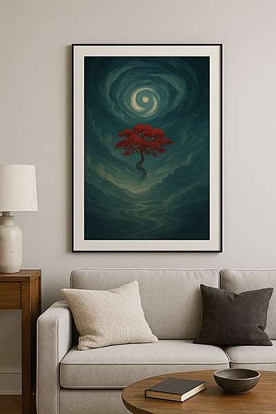 Living room with a xieyi painting of a red tree beneath a swirling sky, paired with a neutral sofa and wooden table.