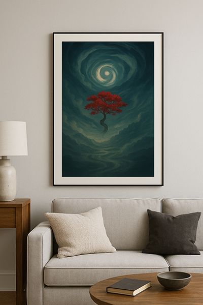Living room with a xieyi painting of a red tree beneath a swirling sky, paired with a neutral sofa and wooden table.