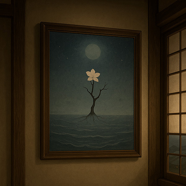 Xieyi painting “Rootless Tree” depicting a flower blooming on a tree under the moonlight, displayed in a traditional Japanese inn