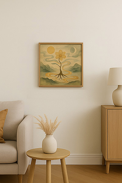 An S4-sized framed Xieyi painting on the living room wall, depicting a mystical flower illuminated by the sun and moon, harmonizing with natural wooden furniture.
