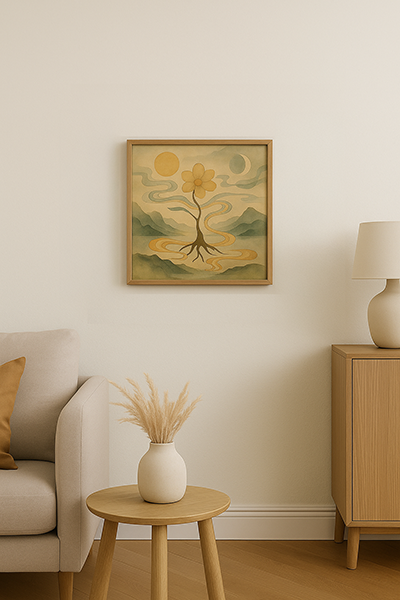 An S4-sized framed Xieyi painting on the living room wall, depicting a mystical flower illuminated by the sun and moon, harmonizing with natural wooden furniture.